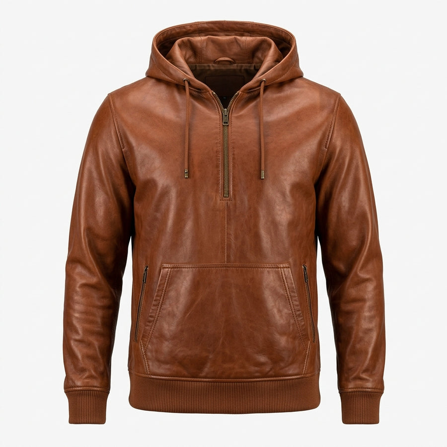 Men's Cognac Leather Pullover Hoodie, Half Zip