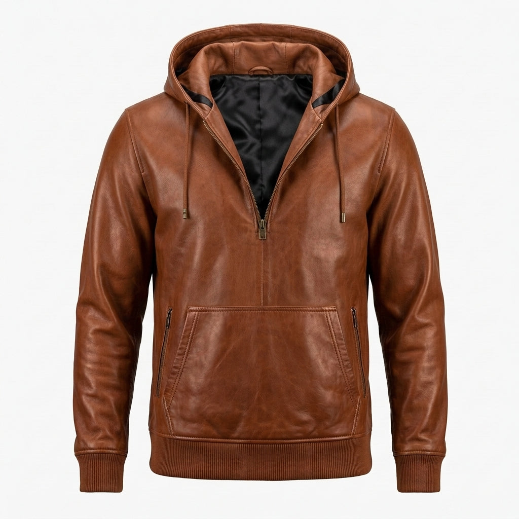 Men's Cognac Leather Pullover Hoodie, Half Zip