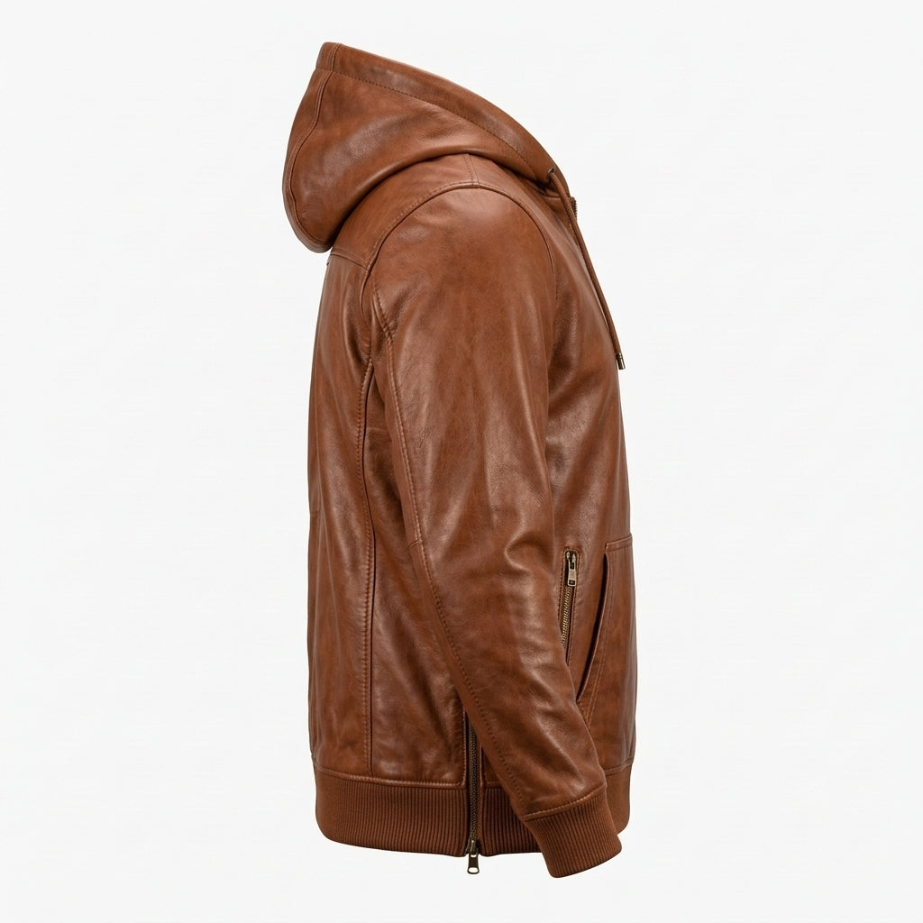 Men's Cognac Leather Pullover Hoodie, Half Zip