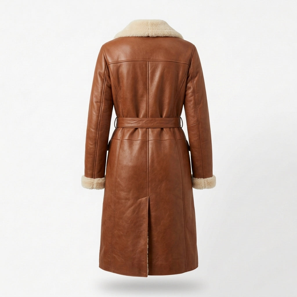 Women's Cognac Shearling-Lined Leather Coat, Knee Length