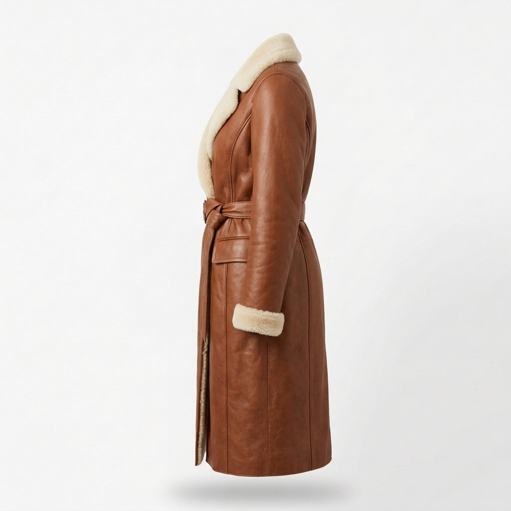 Women's Cognac Shearling-Lined Leather Coat, Knee Length