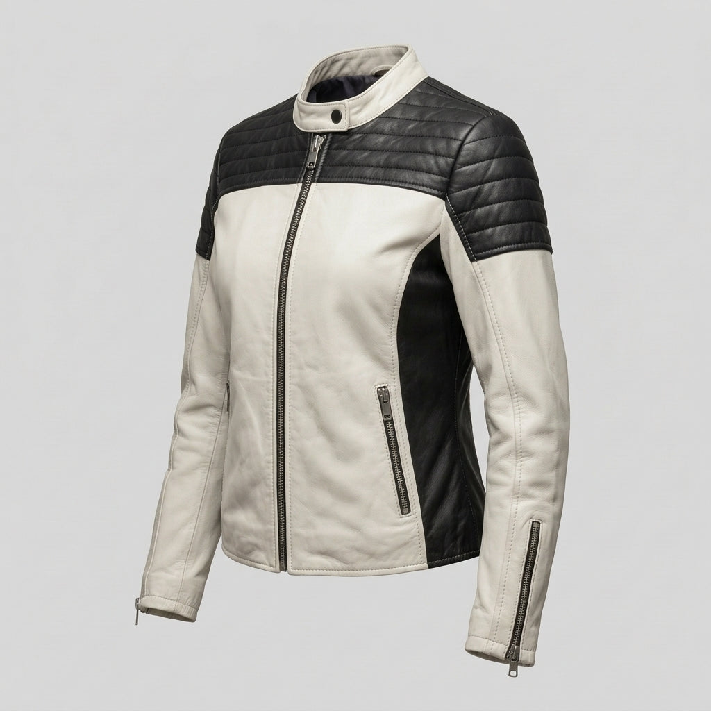 Women's White and Black Leather Sport Biker Jacket