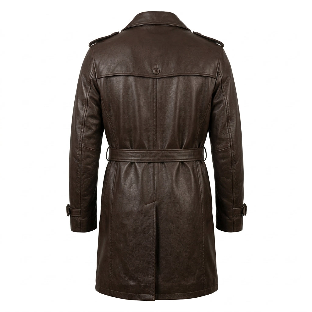 Men's Dark Brown Cowhide Leather Trench Coat, Knee Length