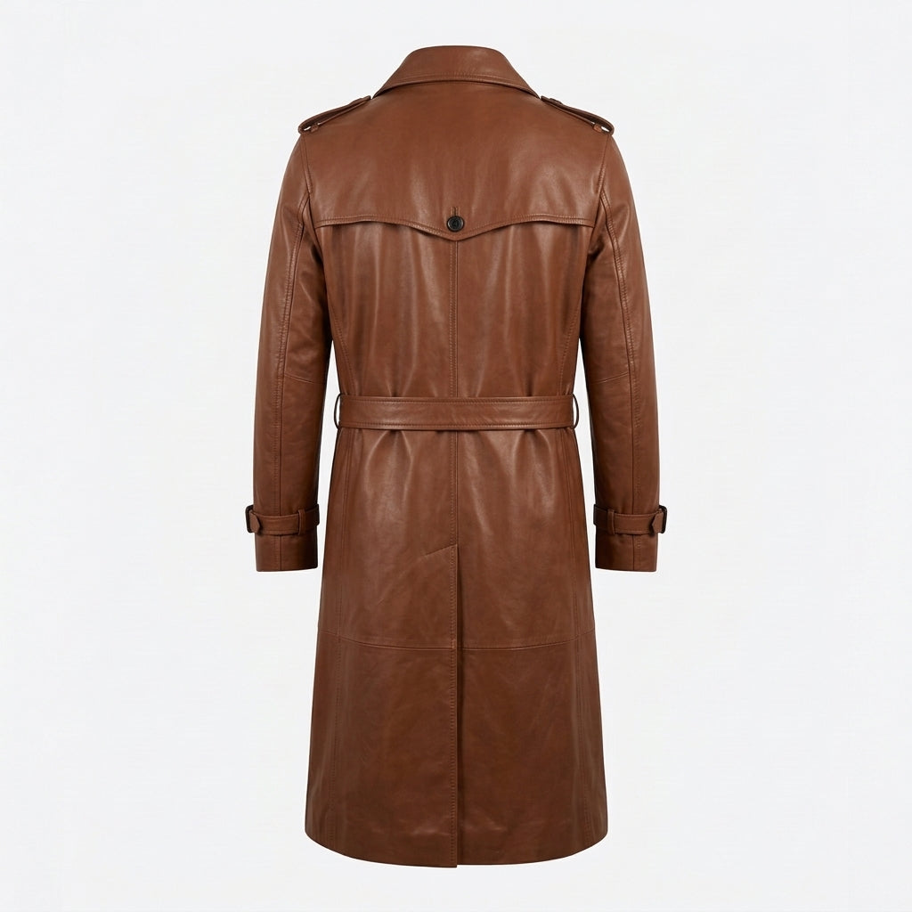 Men's Chestnut Brown Leather Trench Coat, Long Double-Breasted