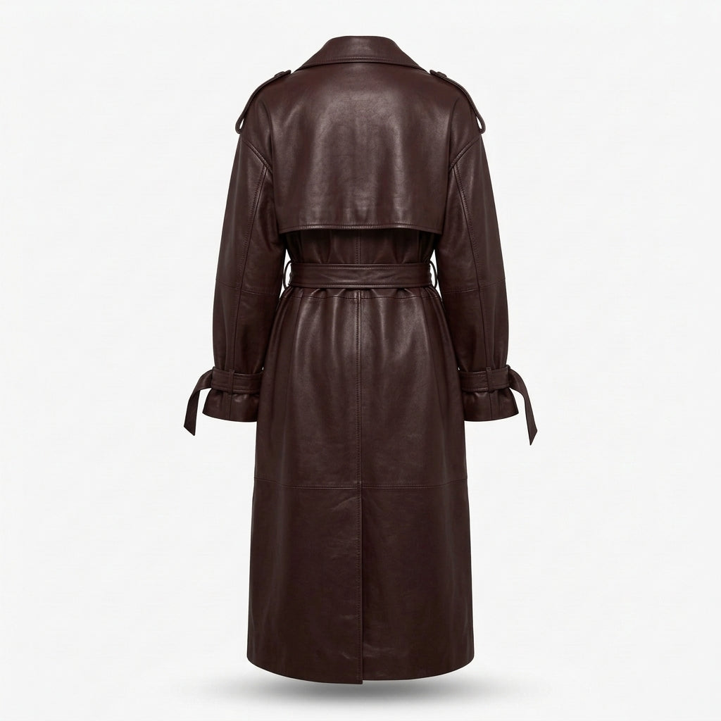 Women's Dark Cherry Brown Long Leather Trench Coat with Tie Belt