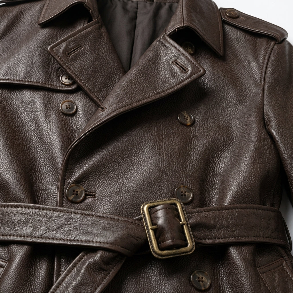 Men's Dark Brown Cowhide Leather Trench Coat, Knee Length
