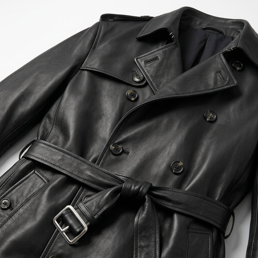 Men's Black Leather Trench Coat, Knee Length