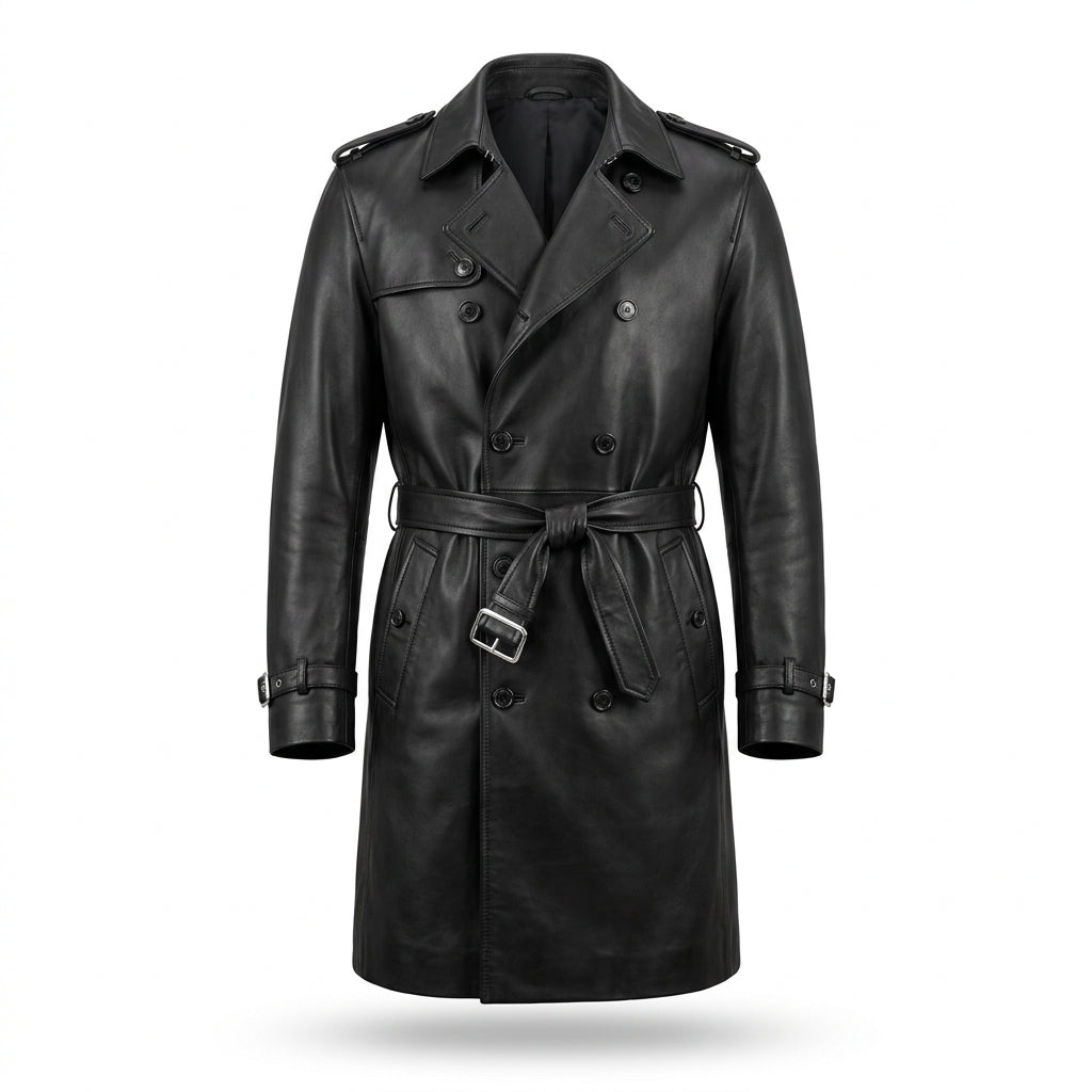 Men's Black Leather Trench Coat, Knee Length