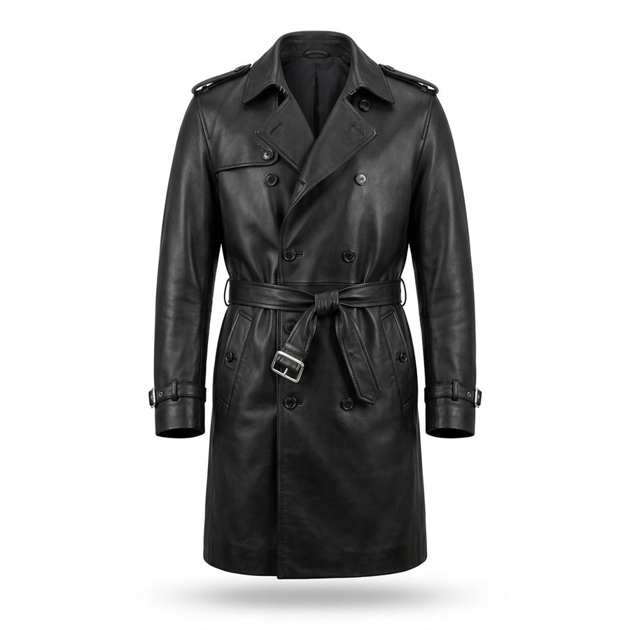 Men's Black Leather Trench Coat, Knee Length