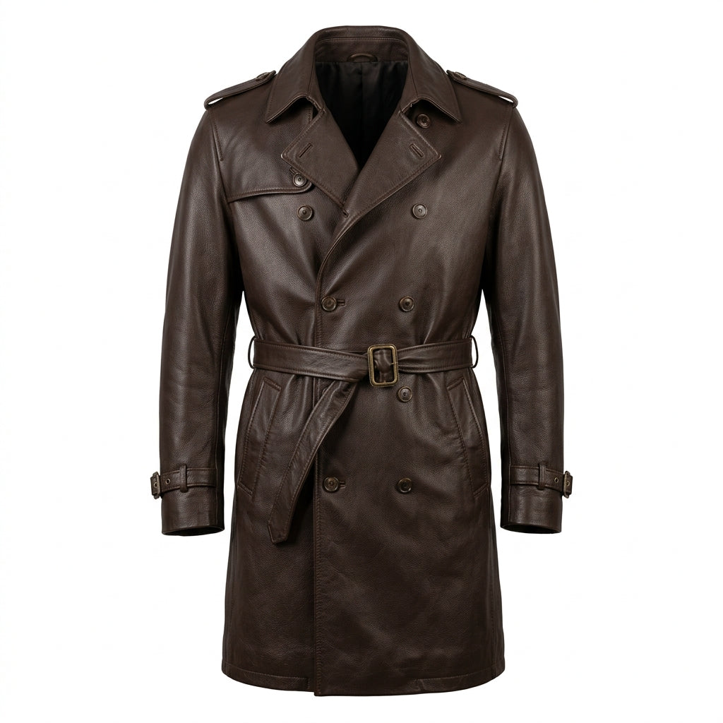 Men's Dark Brown Cowhide Leather Trench Coat, Knee Length