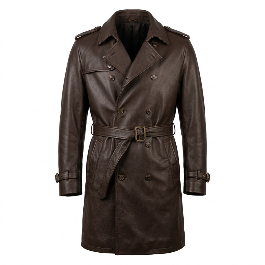 Men's Dark Brown Cowhide Leather Trench Coat, Knee Length
