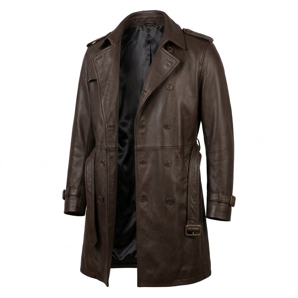 Men's Dark Brown Cowhide Leather Trench Coat, Knee Length