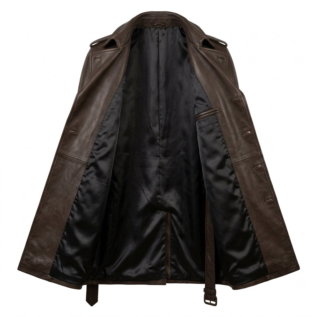 Men's Dark Brown Cowhide Leather Trench Coat, Knee Length