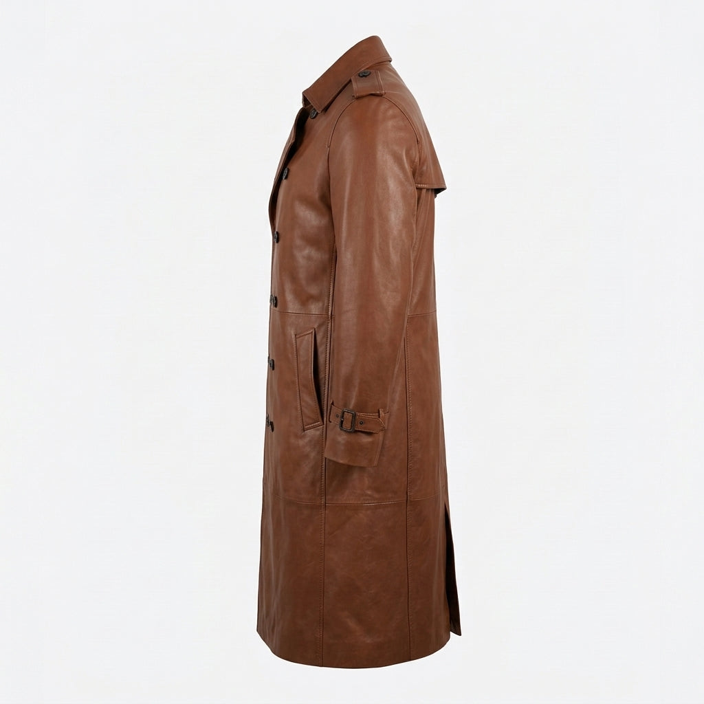 Men's Chestnut Brown Leather Trench Coat, Long Double-Breasted