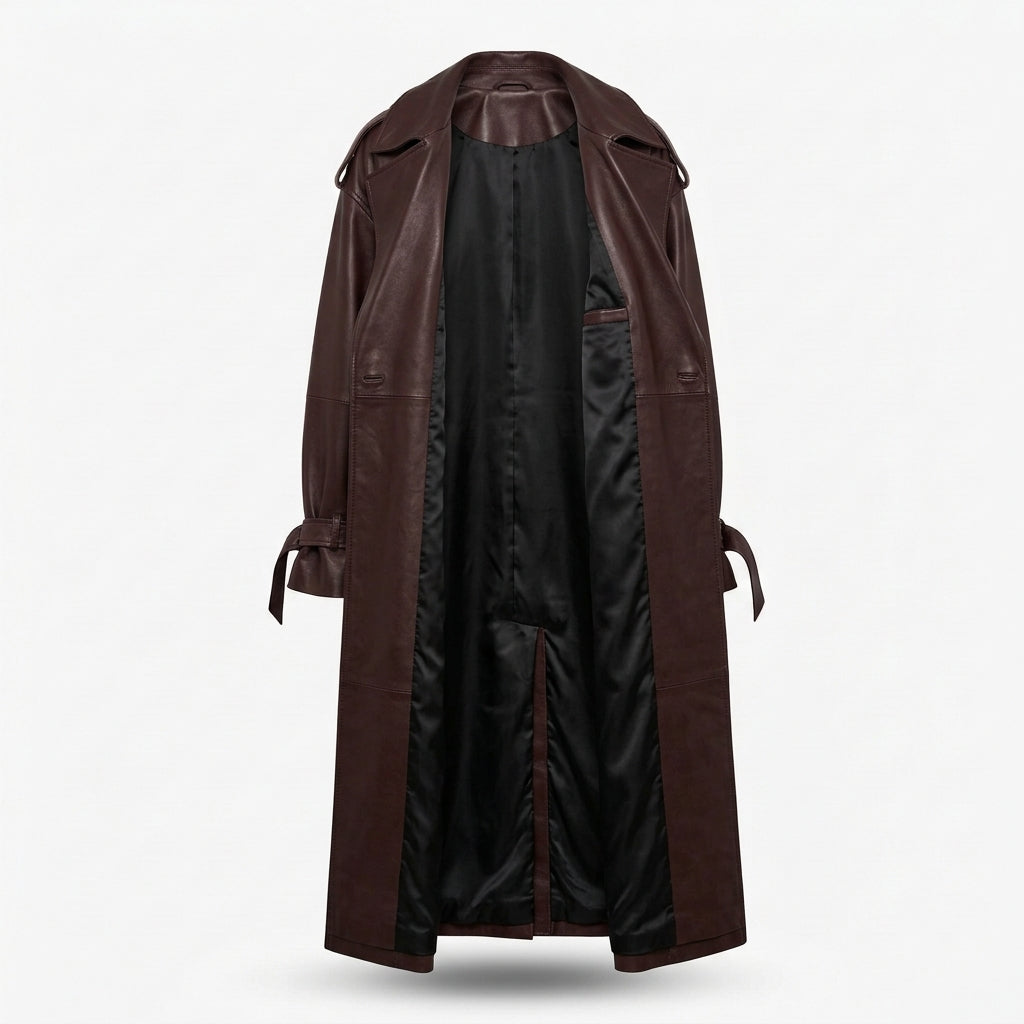 Women's Dark Cherry Brown Long Leather Trench Coat with Tie Belt
