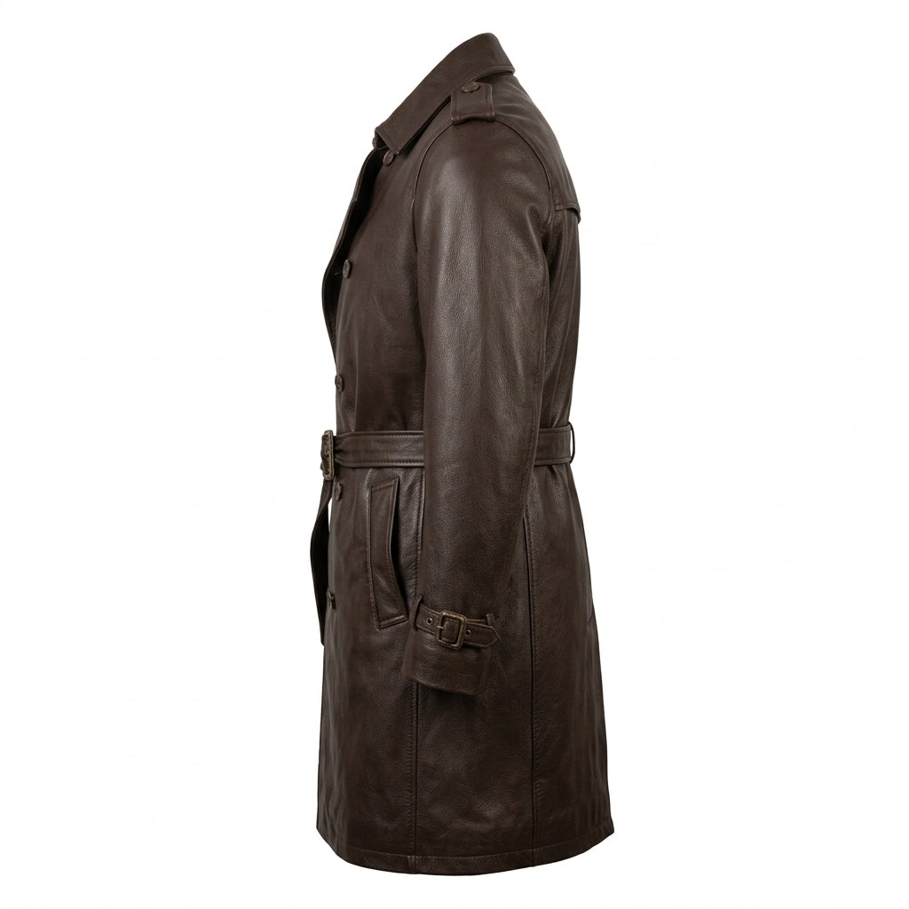 Men's Dark Brown Cowhide Leather Trench Coat, Knee Length