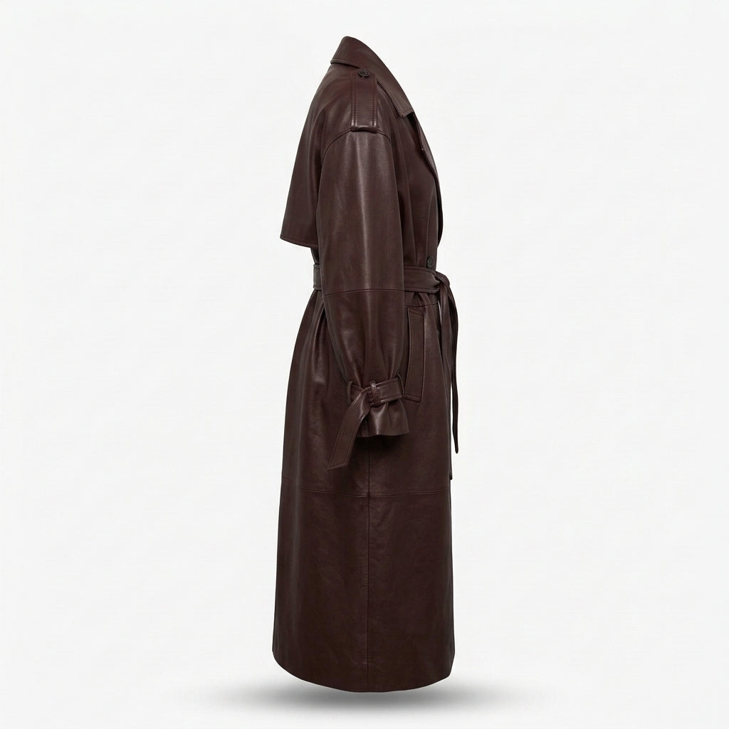 Women's Dark Cherry Brown Long Leather Trench Coat with Tie Belt
