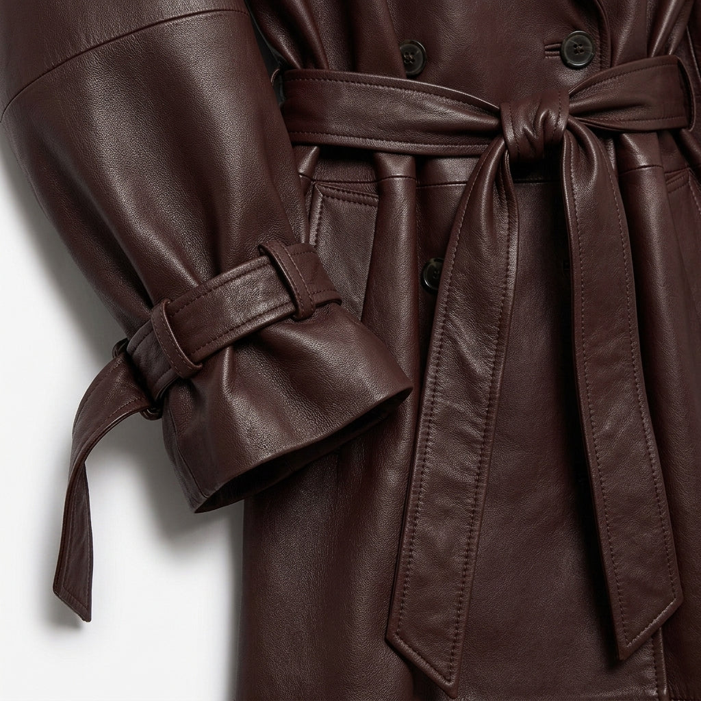 Women's Dark Cherry Brown Long Leather Trench Coat with Tie Belt