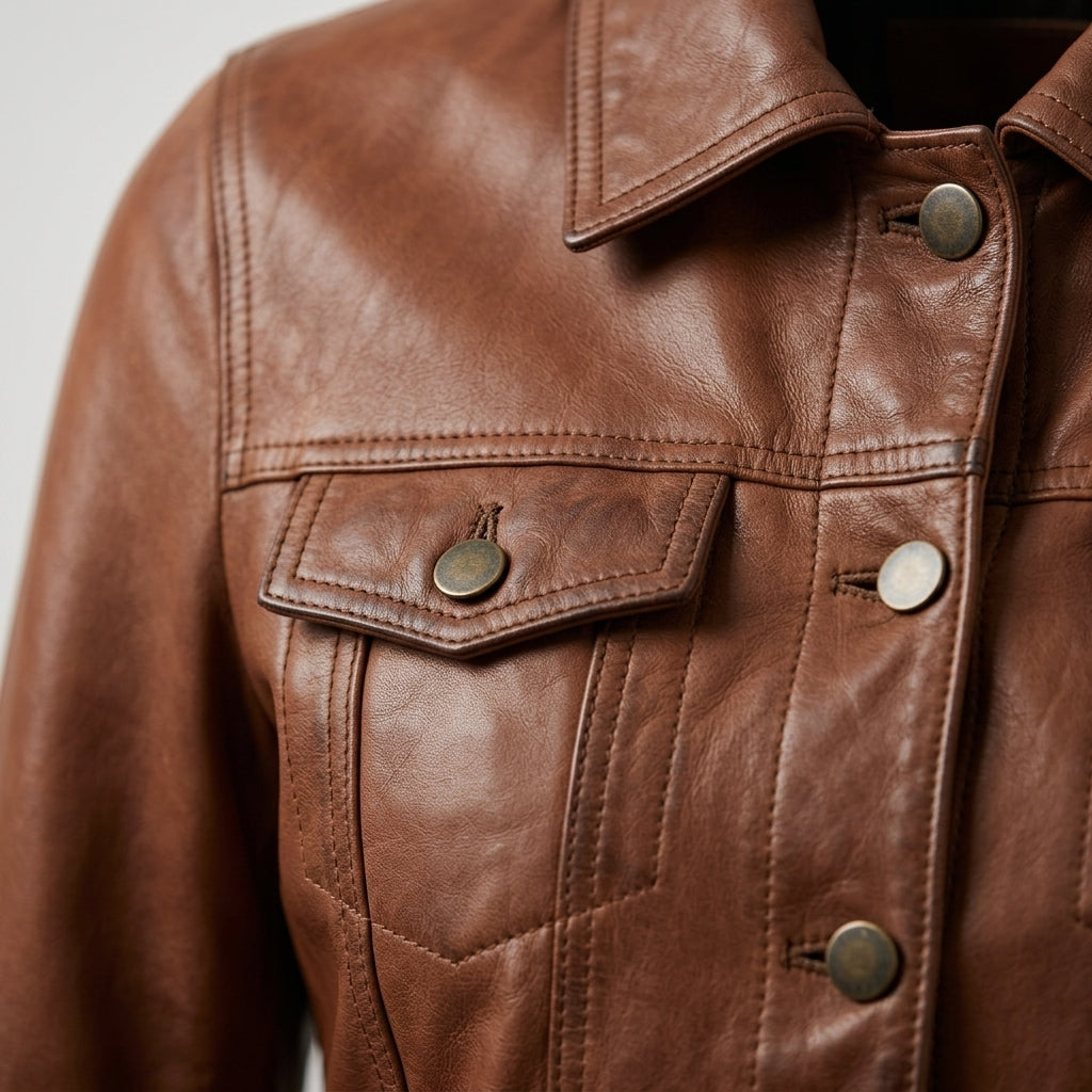 Women's Brown Sheepskin Leather Trucker Jacket – Button-Up Western Coat with Chest Pockets