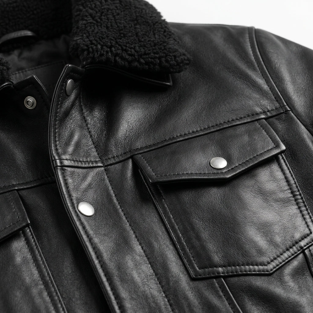 Men's Black Leather Trucker Jacket with Detachable Shearling Collar