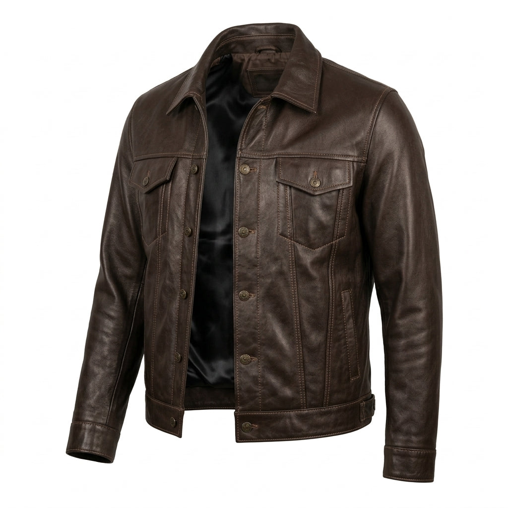 Men's Dark Brown Leather Trucker Jacket