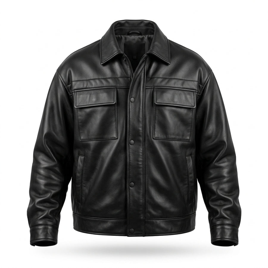 Men's Black Oversized Leather Trucker Jacket with Quilted Yoke