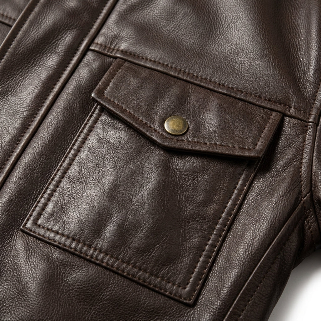 Men's Dark Brown Hooded Leather Utility Jacket with Faux Shearling Hood