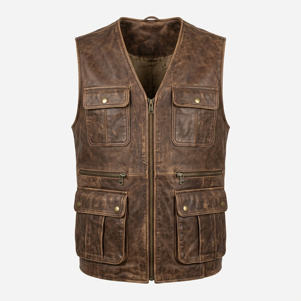 Men's Distressed Brown Leather Utility Vest