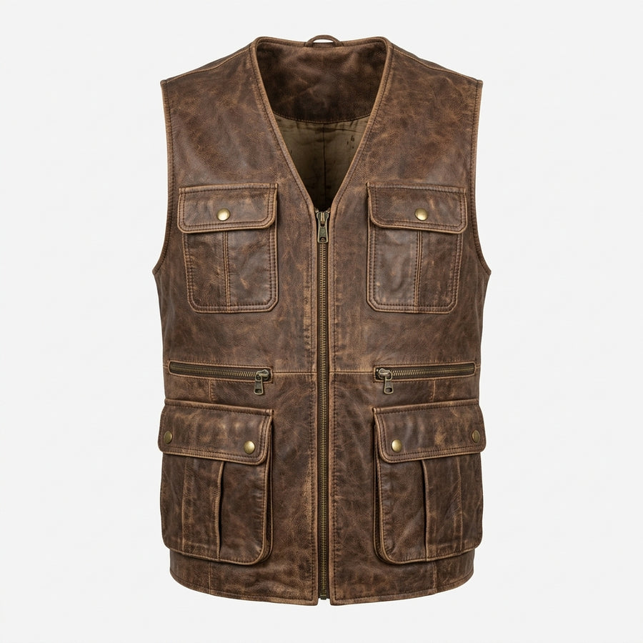 Men's Distressed Brown Leather Utility Vest