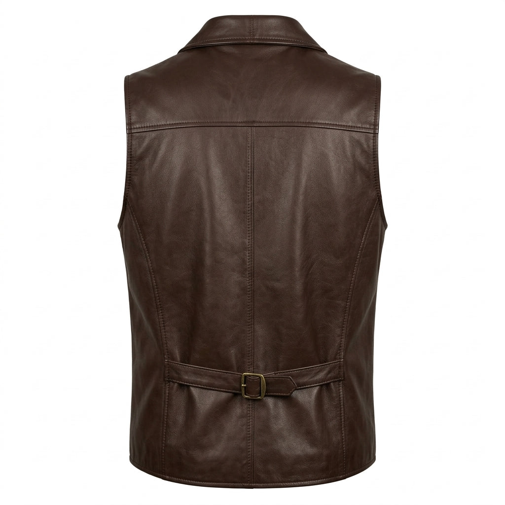 Men's Dark Brown Double-Breasted Leather Vest with Lapels