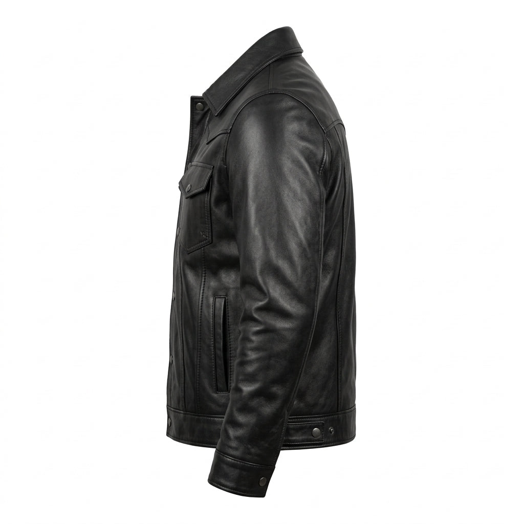 Men's Black Leather Western Trucker Jacket