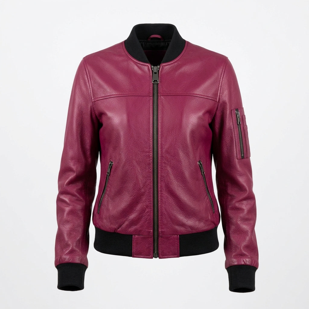 Women's Berry Magenta Pebbled Leather Bomber Jacket