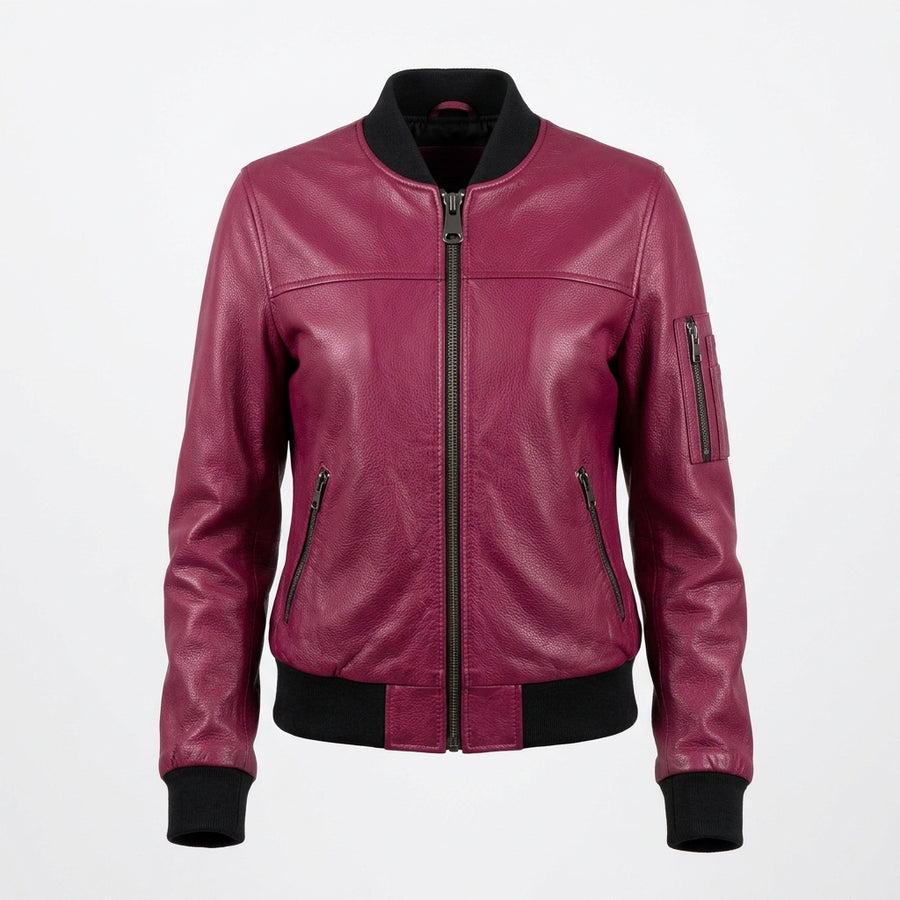 Women's Berry Magenta Pebbled Leather Bomber Jacket