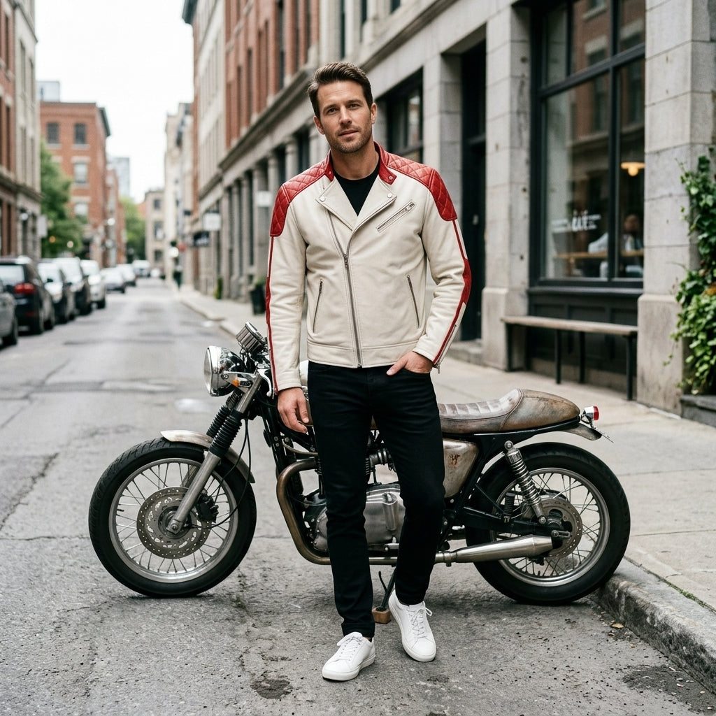 Men's White and Red Leather Cafe Racer Jacket