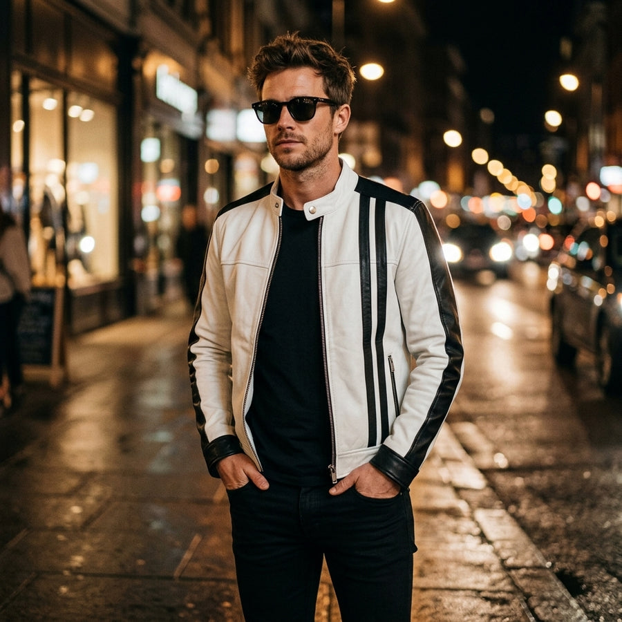 Men's White and Black Sheepskin Leather Biker Jacket – Cafe Racer Motorcycle Jacket with Racing Stripes