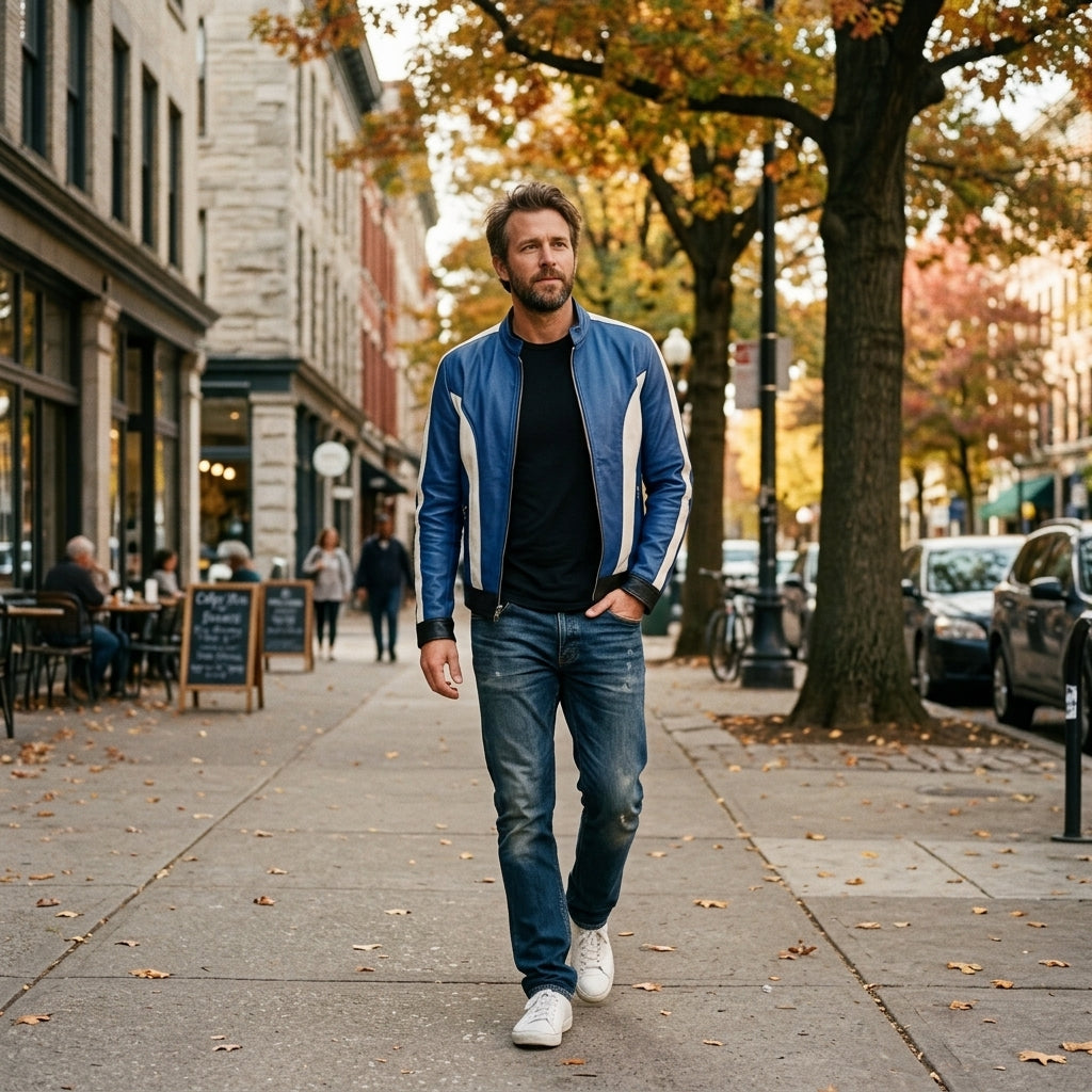 Men's Blue and White Color Block Leather Jacket