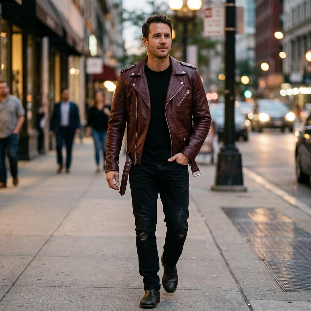 Men's Burgundy Leather Asymmetric Biker Jacket