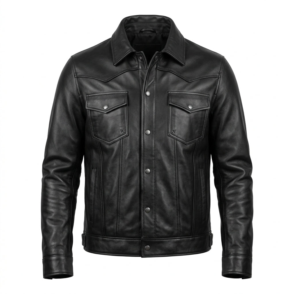 Men's Black Leather Western Trucker Jacket