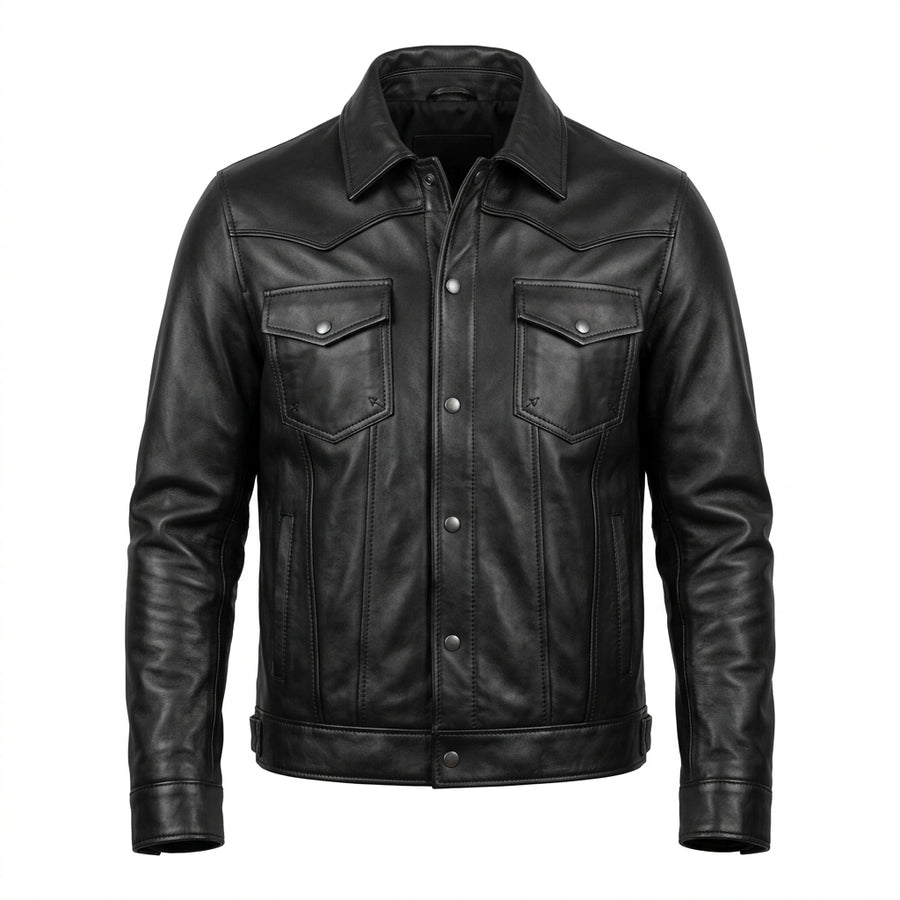 Men's Black Leather Western Trucker Jacket