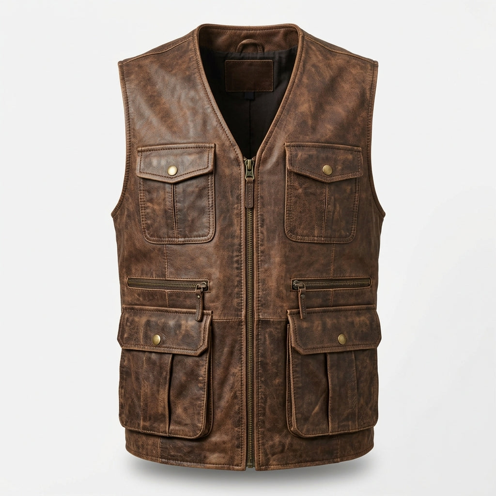 Men's Distressed Brown Leather Utility Vest