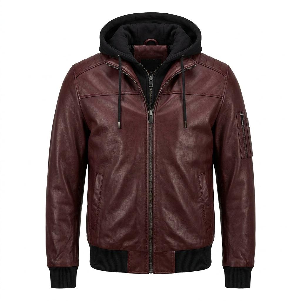 Men's Burgundy Leather Bomber Jacket with Removable Black Hood