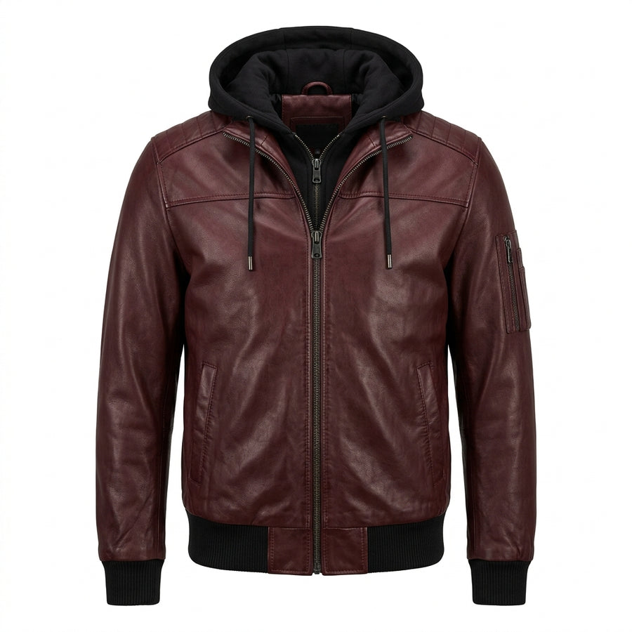 Men's Burgundy Leather Bomber Jacket with Removable Black Hood