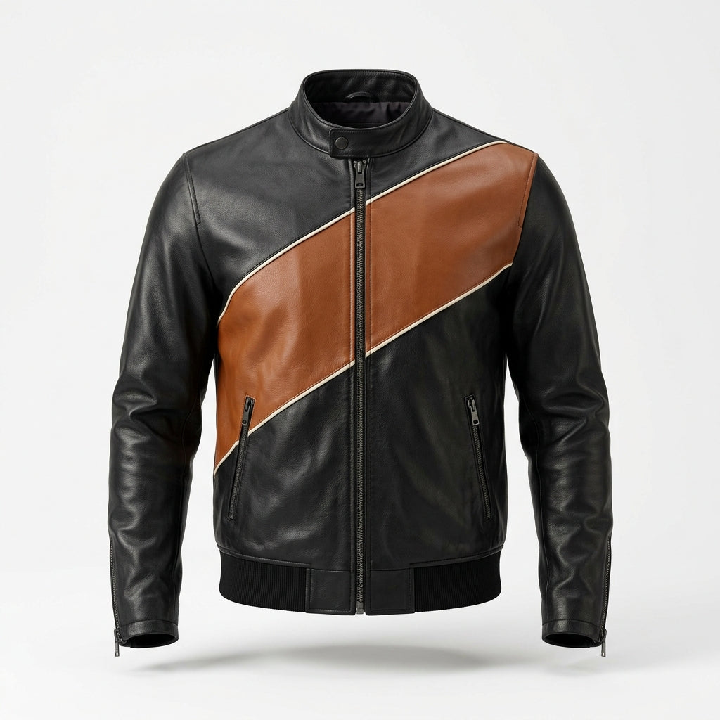 Men's Black and Cognac Color Block Leather Jacket