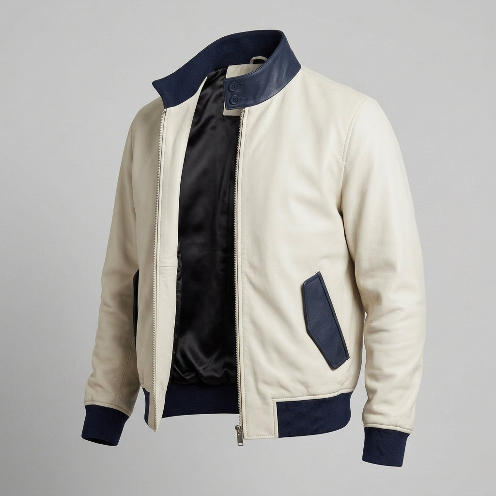 Men's White and Navy Leather Harrington Jacket