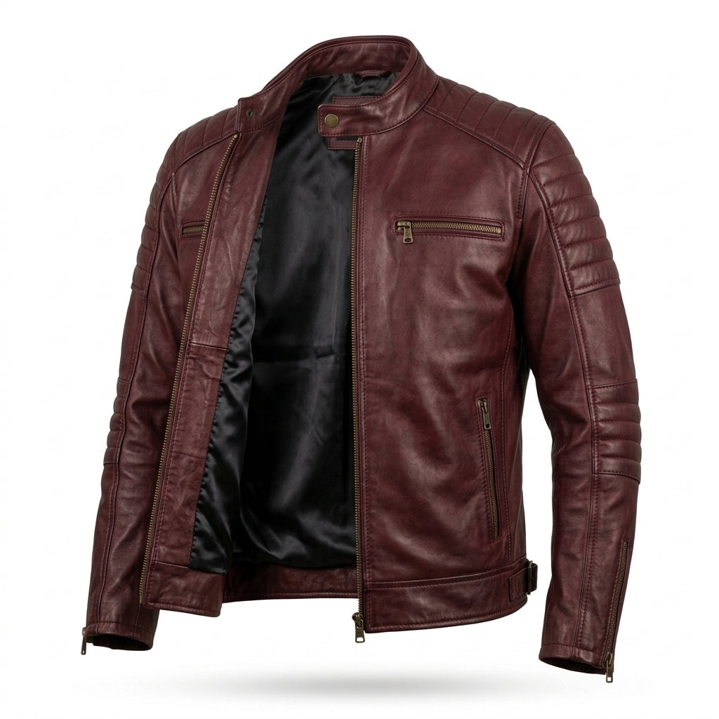 Men's Burgundy Leather Cafe Racer Jacket
