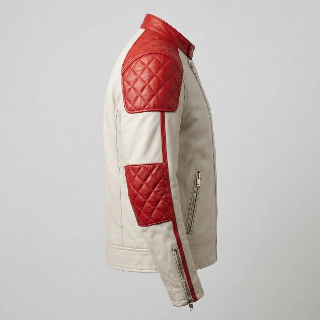 Men's White and Red Leather Cafe Racer Jacket