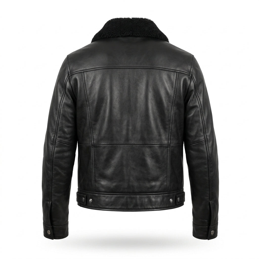 Men's Black Leather Trucker Jacket with Detachable Shearling Collar