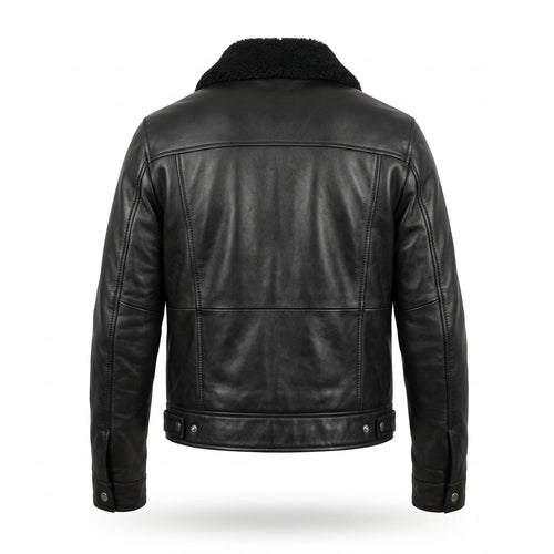 Men's Black Leather Trucker Jacket with Detachable Shearling Collar