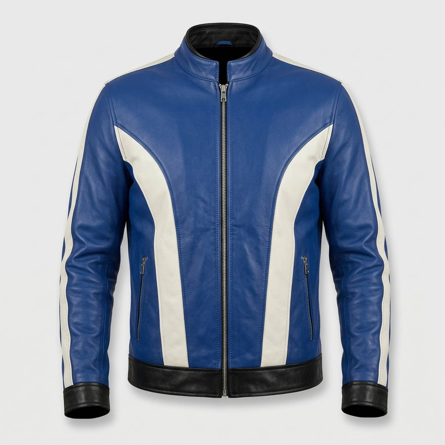 Men's Blue and White Color Block Leather Jacket