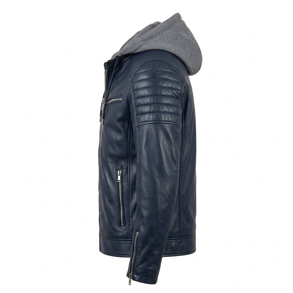 Men's Navy Blue Sheepskin Leather Biker Jacket – Removable Grey Hood, Quilted Shoulders & Silver Zippers